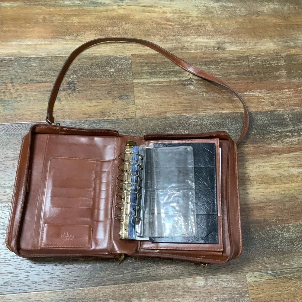 Vintage Franklin Quest 7 Ring Woven Leather Crossbody Planner 11” X 9”